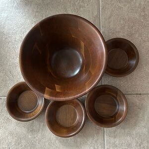 Vermillion Real Walnut Salad Wood Bowl Serving Set 5 pc Vintage
